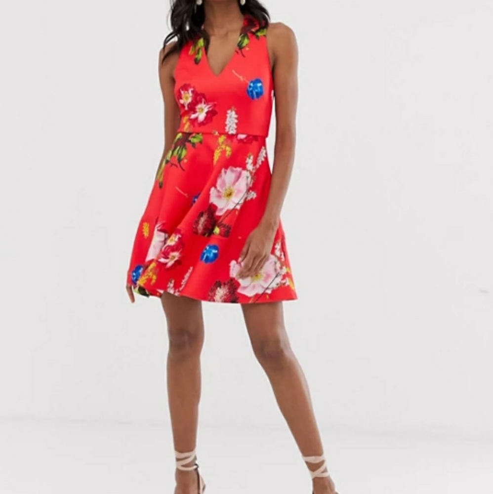 Ted Baker red floral skater swing dress sz 5